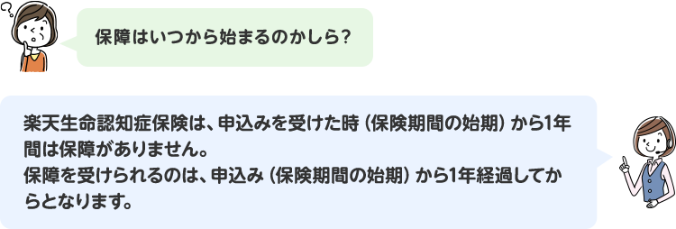 「保障はいつから始まるのかしら？」『楽天生命認知症保険は、申込みを受けた時（保険期間の始期）から1年間は保障がありません。保障を受けられるのは、申込み（保険期間の始期）から1年経過してからとなります。』