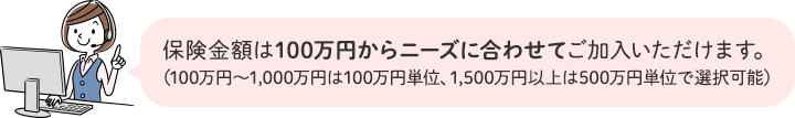 保険金額は100万円からニーズに合わせてご加入いただけます。（100万円～1,000万円は100万円単位、1,500万円以上は500万円単位で選択可能）