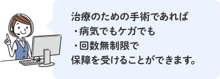 治療のための手術であれば、病気でもケガでも、回数無制限で、保障を受けることができます。