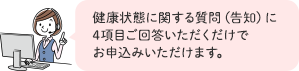 健康状態に関する質問（告知）に4項目ご回答いただくだけでお申込みいただけます。